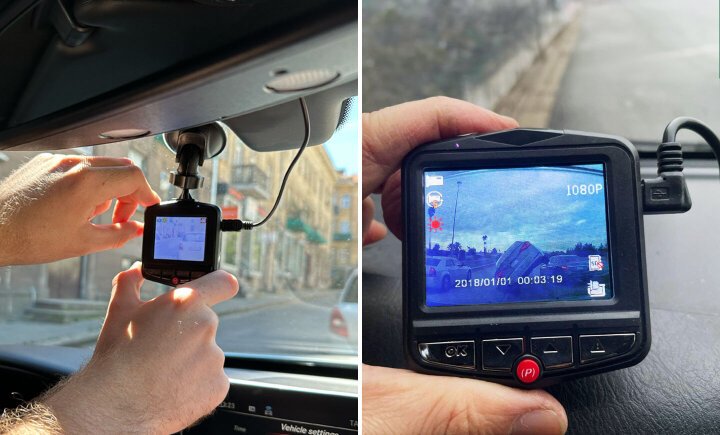 DashOne Pro camera mounted inside a vehicle and its 1080p display