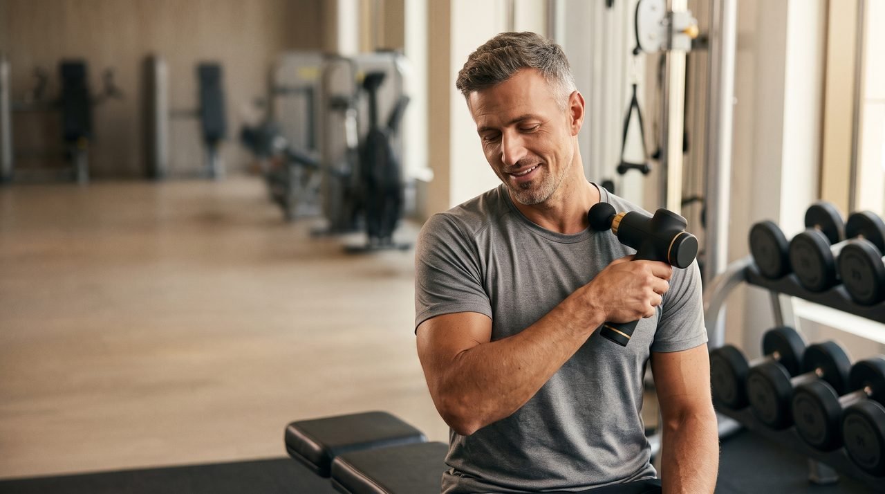 Athlete using the massage gun after training